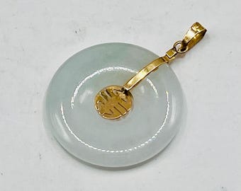 Vintage 14K Jade donut pendant gold longevity translucent light green grade A jadeite disc pendant natural Burma jade 14k yellow gold