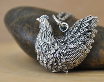 sterling silver chicken hen scent locket necklace, small container locket, farm animal silver locket pendant, hidden compartment locket
