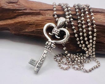 Vintage Lagos Key necklace 925 sterling silver skeleton key pendant with ball chain statement long necklace solid silver key gift for women