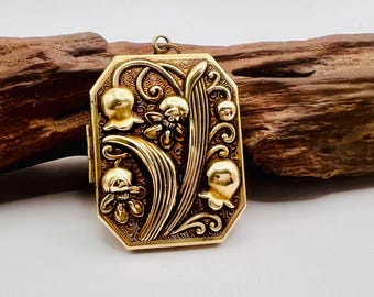 Vintage lily of the valley locket pendant brass Art Nouveau style gold tone brass photo locket jewelry gift for women