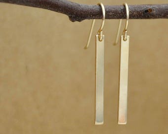 modern chic gold bar earrings. simple earrings. long dangler. gold filled bar. modern girl. everyday wear. dainty earrings. gift for her