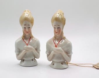 Antique German porcelain half dolls set of 2 miniature girl with red necklace collectable art bear collectible gift for women