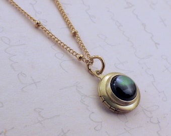 Tiny Vintage Moon Locket delicate gold tone minimalist necklace black shell brass locket necklace satellite chain layering charm locket