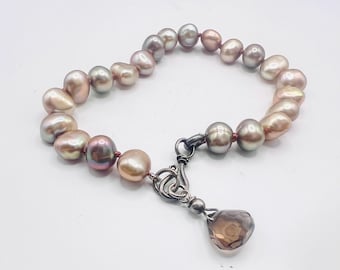 Vintage baroque pearl bracelet 925 sterling silver multicolor freshwater pearl bracelet with faceted smokey quartz drop gift for women