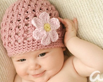 Crochet Hat Pattern "Textured Beanie" with Daisy directions, Sizes Baby to Adult, for girls