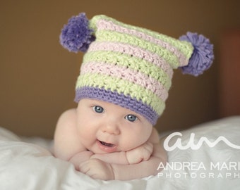 Crochet Hat Pattern "Square Star Stitch Hat" Sizes Baby to Adult, pompom directions