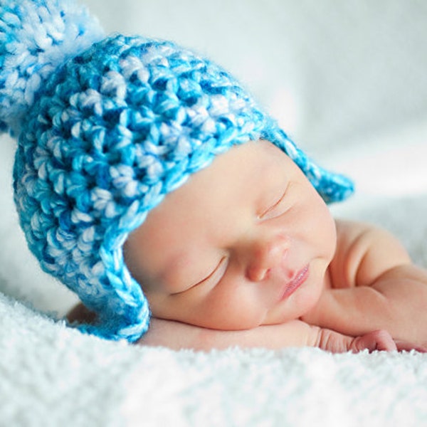 Crochet Hat Pattern "Yukon Earflap Hat" Sizes Baby to Adult, pompom directions