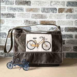Khaki Green Waxed Canvas Messenger Bag: Large Vegan Crossbody Laptop Bag