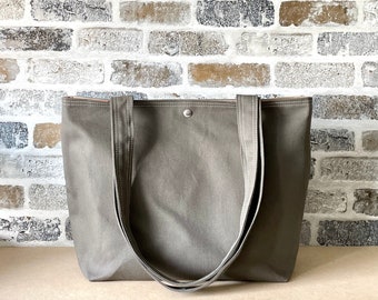 Large Vegan Shoulder bag for women Taupe Grey Twill tote bag , Minimalist Shopping bag or knitting bag