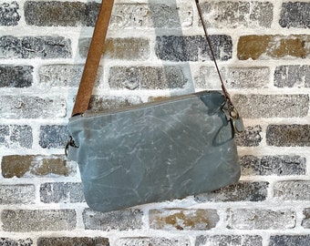 Large Waxed Canvas and Leather Crossbody Bag in Gray , Minimalist  day bag ,Clutch Bag, Large Zipper pouch , Gift for Travelers