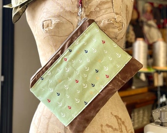 Anchor Print Clutch Bag: Waxed Canvas Travel Pouch