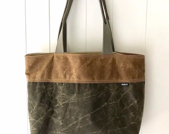 Large Waxed canvas tote bag with Leather straps, Extra large Knitting Project Bag, Daily tote, Shoulder bag, Messenger bag, Diaper bag