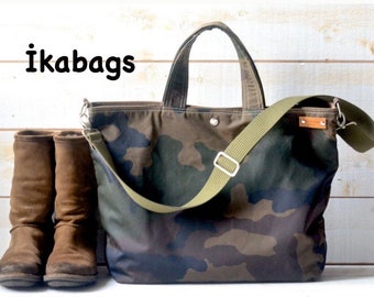 Camouflage Waxed Canvas Tote Bag: Crossbody Messenger, Diaper Bag