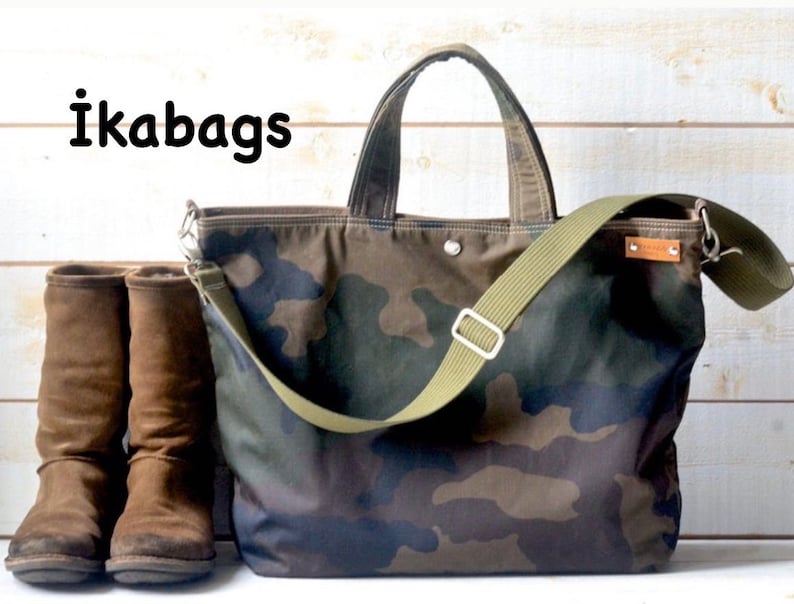 Camouflage Canvas tote bag , Waxed canvas tote , Back to school bag, Messenger bag, Diaper bag, Valentine day gift, Gift for her, Travel bag image 1