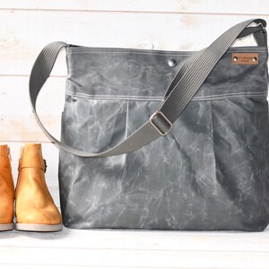 Waxed Canvas Crossbody Messenger Bag: Vegan Diaper Bag, Grey image 1