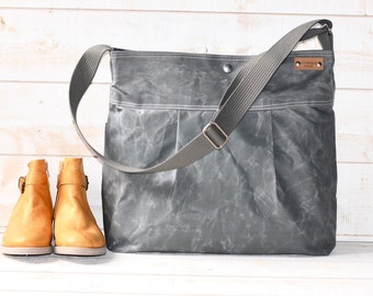 Waxed Canvas Crossbody bag in Grey , Crossbody Messenger bag , Vegan Diaper bag - IKABAGS 2 Way