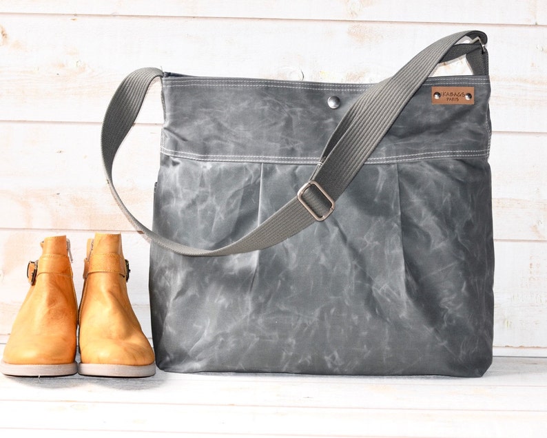 Waxed Canvas Crossbody Messenger Bag: Vegan Diaper Bag, Grey image 1