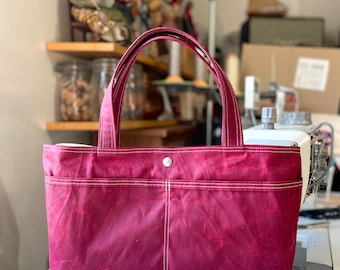 SAMPLE SALE Bordeaux Waxed Canvas medium tote bag, Daily handbag,Gift for mom, Gift for Her ,Gift for Best Friend  Ikabags 2 WAY