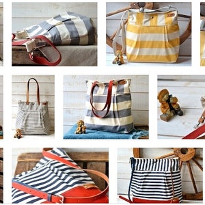 Water proof Diaper bag / Messenger bag / Nautical tote / Beach tote STOCKHOLM Gray and ecru nautical stripe bag purse 10 Pockets image 5