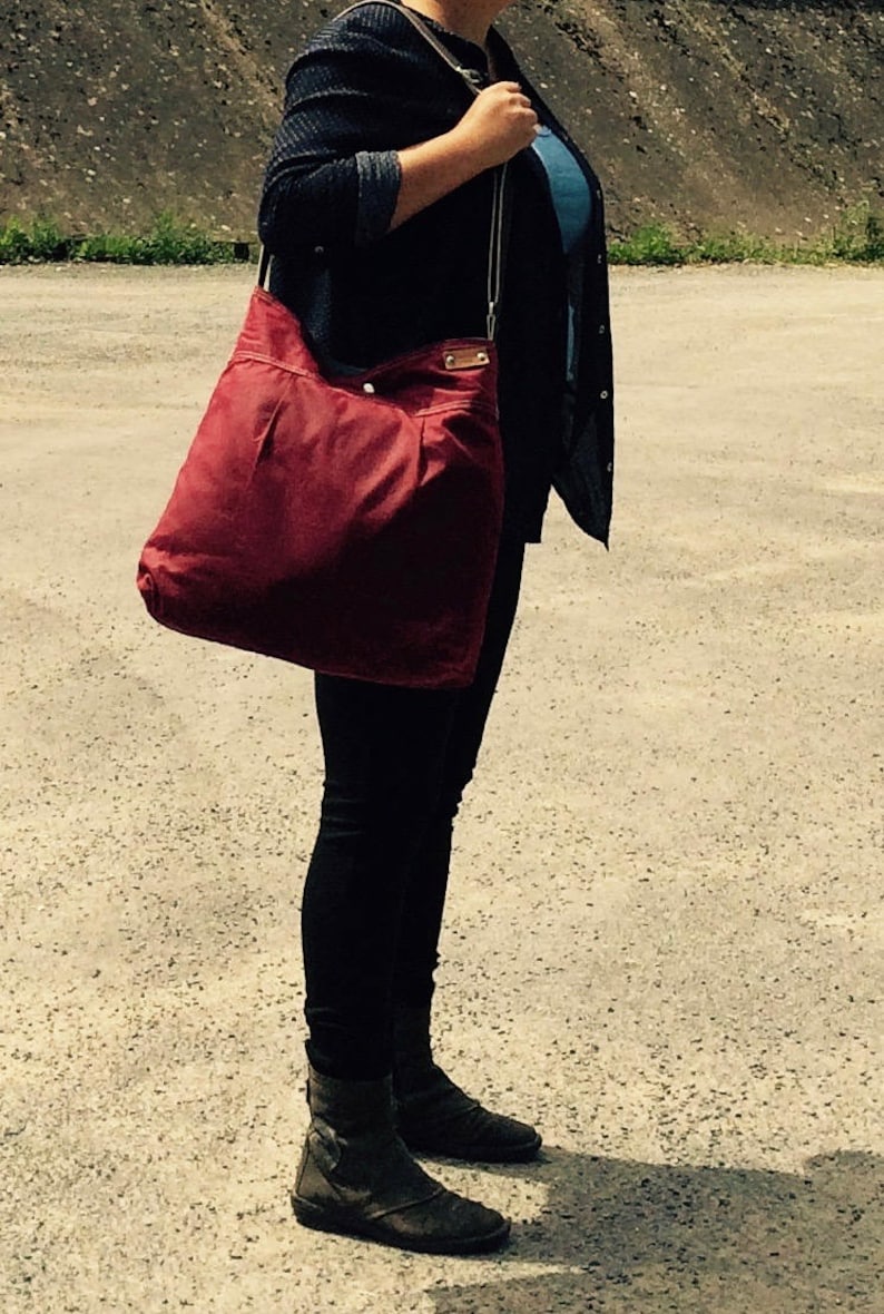 Waxed Canvas Crossbody hobo bag in Red Garnet , Weekender bag New mom gift IKABAGS image 5