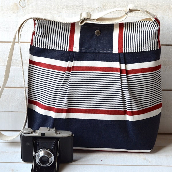 Stockholm Diaper bag Denim navy ,Red and Ecru  Pleated French Messenger - Water Resistant -8 Pockets
