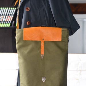 Canvas Tote Bag with leather bottom and leather cross body strap Forest Green messenger bag, IKABAGS 3 Way image 8
