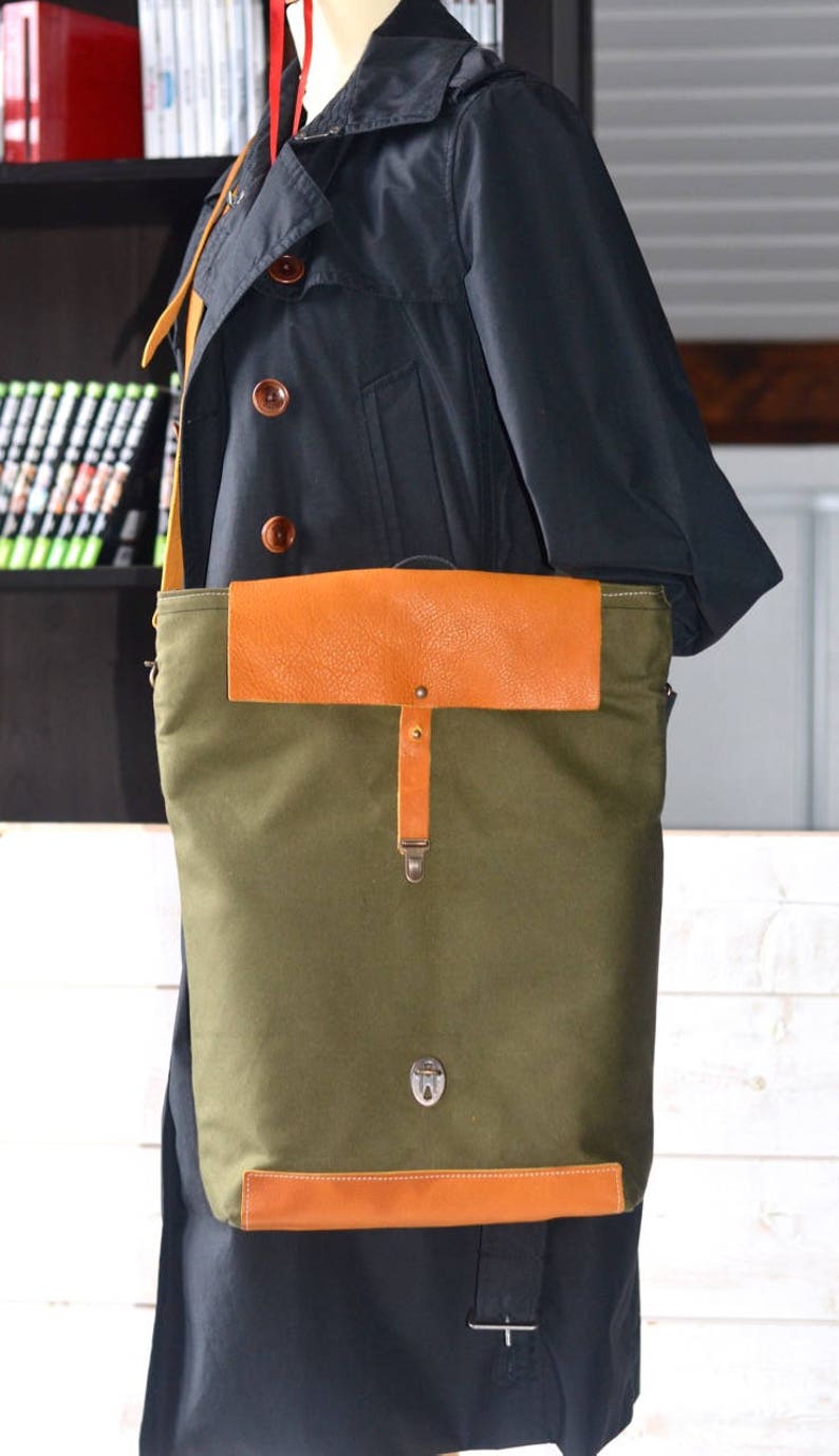 Canvas Tote Bag with leather bottom and leather cross body strap Forest Green messenger bag, IKABAGS 3 Way image 8