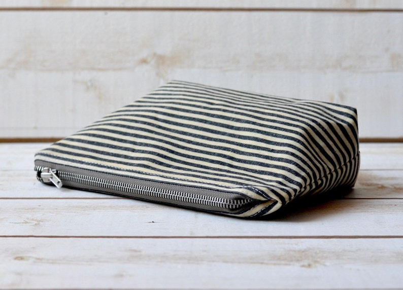Personalised Waxed canvas zipper pouch, Purse Organization, Pen and Pencil Case IKABAGS Black-ecru striped