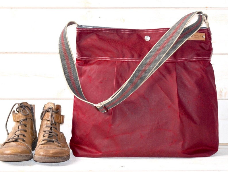 Waxed Canvas Crossbody hobo bag in Red Garnet , Weekender bag New mom gift IKABAGS image 2