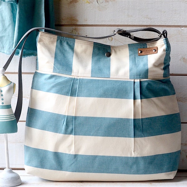 Crossbody Vegan bag, Aquamarine canvas bag,  Nautical striped bag IKABAGS 2 Way