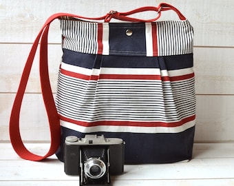 Stockholm Diaper bag BLUE Denim navy ,Red  and Ecru  Pleated French Messenger - Water Resistant - 10 Pockets