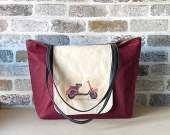 Waxed canvas tote bag in red ,Waxed canvas tote bag, Messenger bag, Shoulder bag, Diaper bag, Leather tote bag IKABAGS 2 Way Tote bag