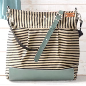 Large Waxed Canvas Diaper Bag with Green Leather bottom and  Leather Adjustable Strap  IKABAGS 2 WAY