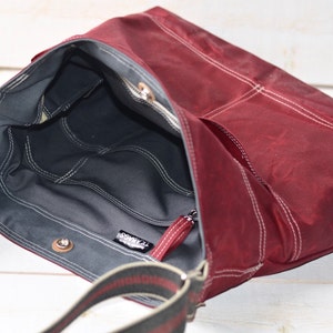 Waxed Canvas Crossbody hobo bag in Red Garnet , Weekender bag New mom gift IKABAGS image 4
