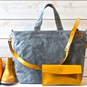 Bolso tote de lona gris con correa de cuero ajustable, Bolso de viaje, Bolso mensajero unisex IKABAGS 3 WAY MUSTARD