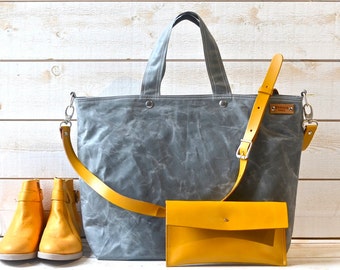 Grey canvas tote bag with Adjustable Leather strap, Travelling bag, Unisex messenger bag IKABAGS 3 WAY