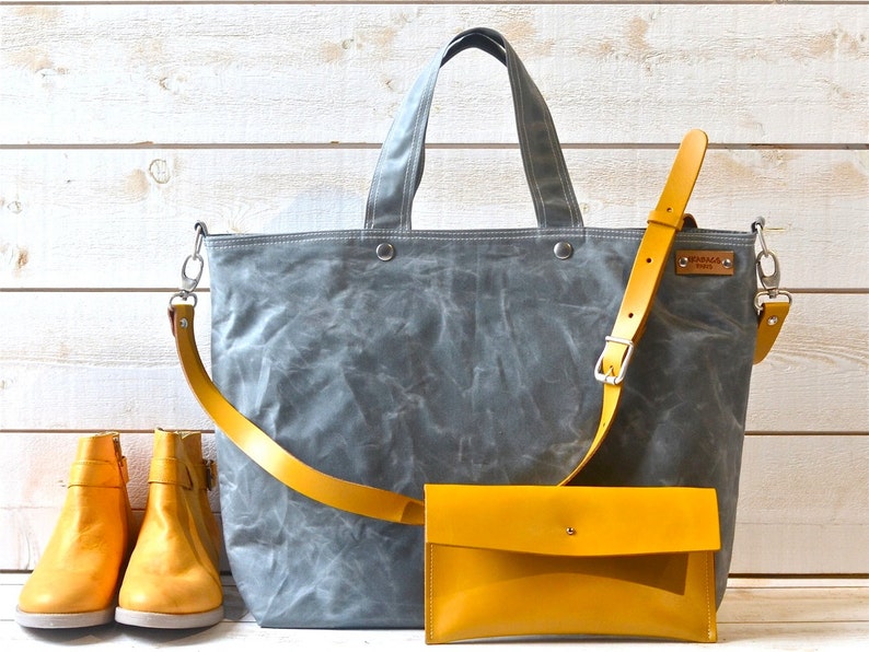 Bolso tote de lona gris con correa de cuero ajustable, Bolso de viaje, Bolso mensajero unisex IKABAGS 3 WAY MUSTARD