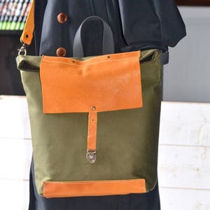 Canvas Tote Bag with leather bottom and leather cross body strap Forest Green messenger bag, IKABAGS 3 Way image 7