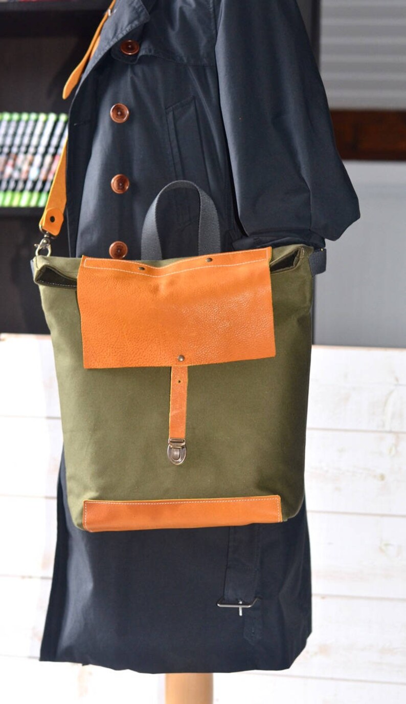 Canvas Tote Bag with leather bottom and leather cross body strap Forest Green messenger bag, IKABAGS 3 Way image 7