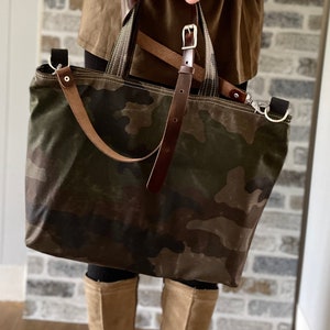 Camouflage Canvas tote bag , Waxed canvas tote , Back to school bag, Messenger bag, Diaper bag, Valentine day gift, Gift for her, Travel bag image 2