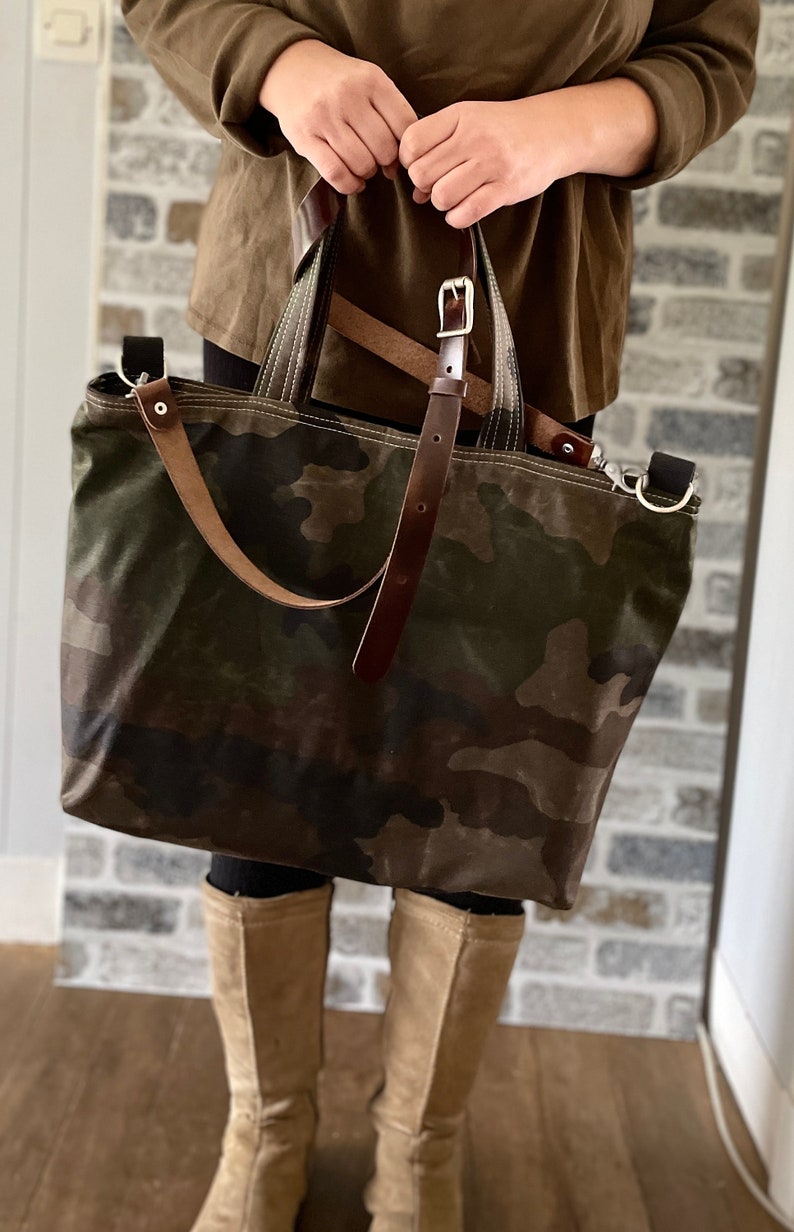 Camouflage Canvas tote bag , Waxed canvas tote , Back to school bag, Messenger bag, Diaper bag, Valentine day gift, Gift for her, Travel bag image 2