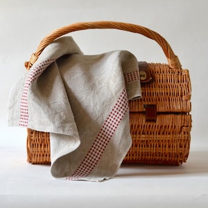 Red and White Checkered Linen Towel: French Rustic Bread Towel
