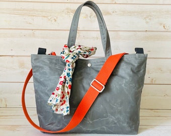 Bolso tote de lona encerada gris, bolso bandolera de lona encerada IKABAGS 3 WAY