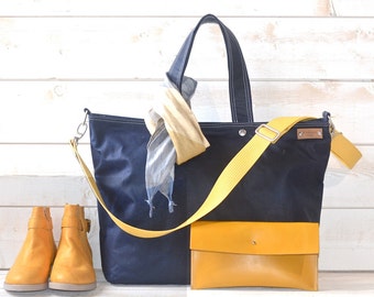 Waxed canvas tote bag , Messenger bag, Black tote bag, Laptop bag, Gift for her, Gift for him, Work bag, Gift for dad