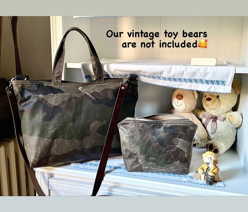 Camouflage Canvas tote bag , Waxed canvas tote , Back to school bag, Messenger bag, Diaper bag, Valentine day gift, Gift for her, Travel bag image 5