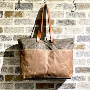 READY TO SHIP Brown and green Waxed Canvas medium tote bag with pockets Daily handbag,Gift for dad, Gift for Him,Gift for xmas Ikabags 2 way