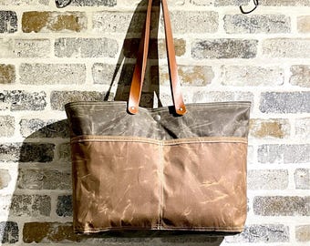 Waxed Canvas Tote Bag: Brown & Green, Leather Straps, Utility Pockets