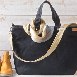 Black Waxed Canvas Tote Bag: Handmade Crossbody Shoulder Bag