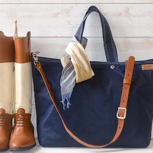 Navy Waxed Canvas Tote Bag: Handmade Leather Strap Messenger Bag
