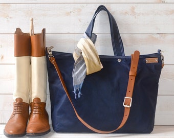 Canvas work  tote bag with Leather Strap , Waxed canvas bag, Blue Sapphire Tote bag IKABAGS 3 WAY